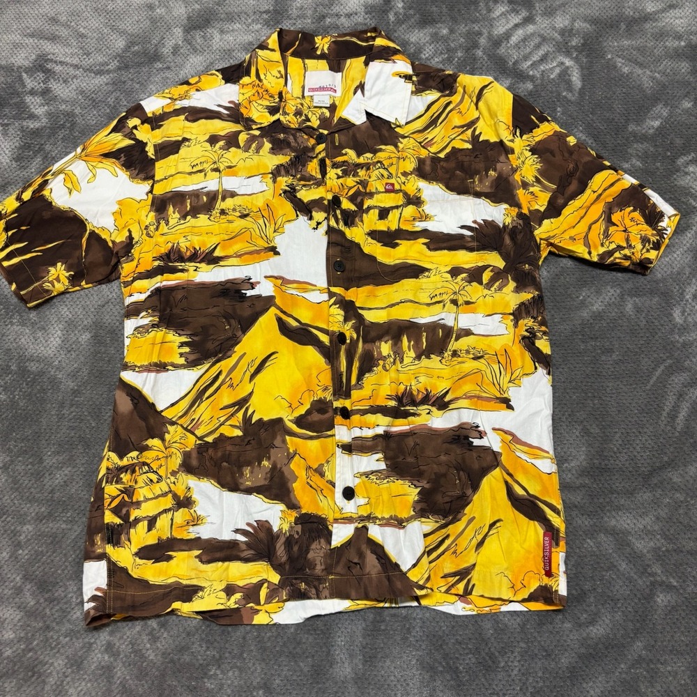 Quiksilver Mens Tropical Island Print Button Up Shirt Yellow Brown L109362 M
